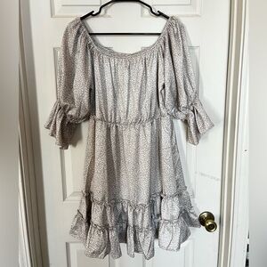 Peach Love California Gray Silk Cheetah Leopard Animal Print Ruffle Dress